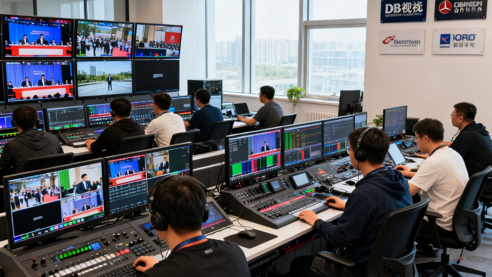 DB视讯北京总部开放式办公区实景，二十余名技术人员在导播控制台前专注工作，多块监视器屏幕显示着不同角度的直播画面，墙上挂有服务过的品牌合作伙伴标识牌