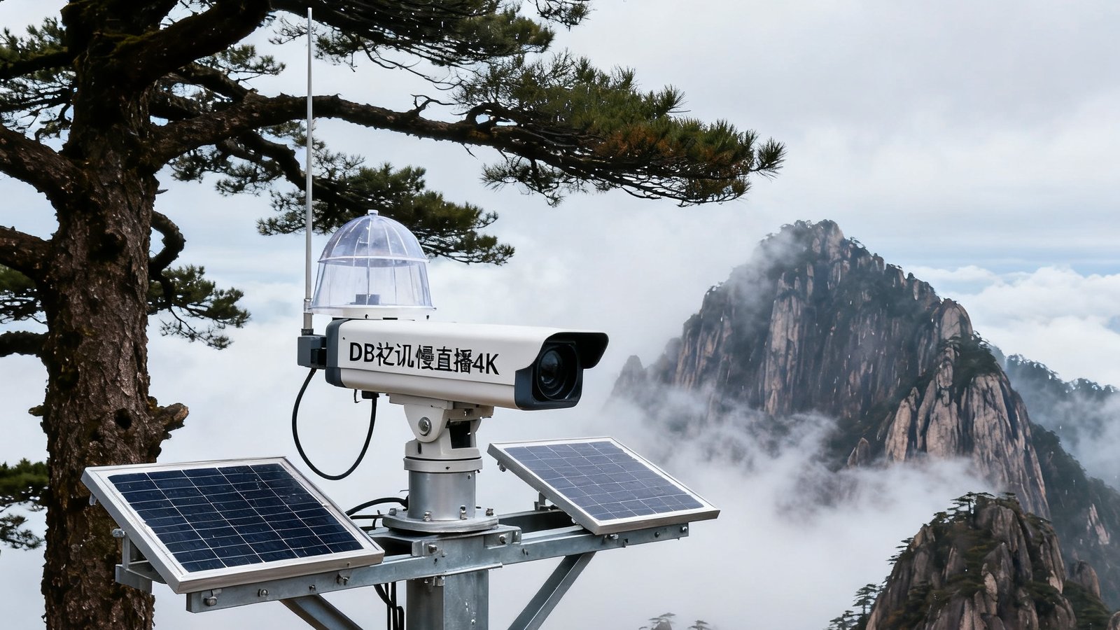 黄山风景区迎客松旁安装的DB视讯慢直播4K摄像机，设备固定在钢结构支架上，配备太阳能板供电系统和防雨罩，远景是云雾缭绕的山峰