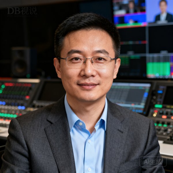 DB视讯创始人兼CEO张磊正面半身近照，身穿深灰色西装搭配浅蓝衬衫，背景为导播控制室，神情专注自信
