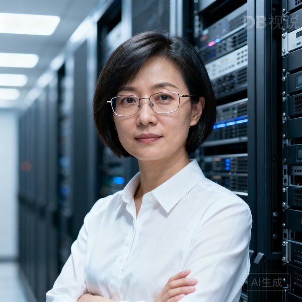 DB视讯技术总监陈敏形象照，利落短发佩戴细框眼镜，身穿白色衬衫站在服务器机房前，手臂交叉展现专业气质