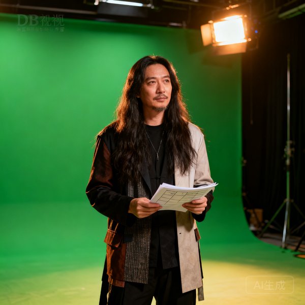 DB视讯创意导演林雪形象照，长发披肩穿着设计师风格服饰，手持分镜脚本站在绿幕影棚内，眼神富有创意激情